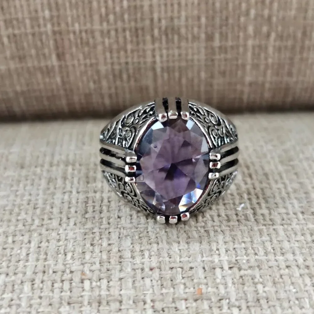 Turkish style Rings Fashion Jewelry Silver Tone W/ Faux Purple Crystal Size 7
